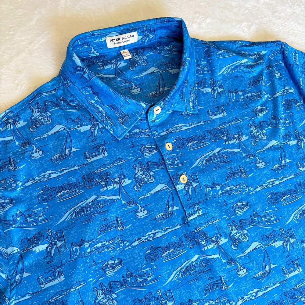 Peter Millar Mens XL Summer Comfort Polo Shirt Beach Ocean Print Pattern